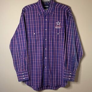 Wrangler Pearl Snap Shirt Med-Large National Patriot Logo Blue Plaid Rodeo Star